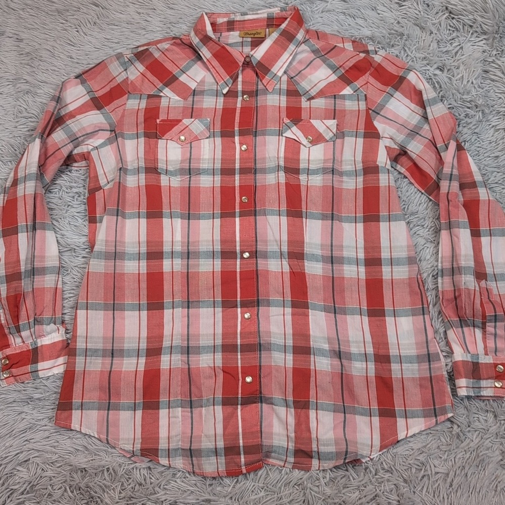 Wrangler Shirt Womens L Plaid Pearl Snap Up Rancher Cowgirl Rodeo Farmer